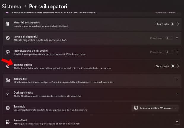 impostazioni termina attivita